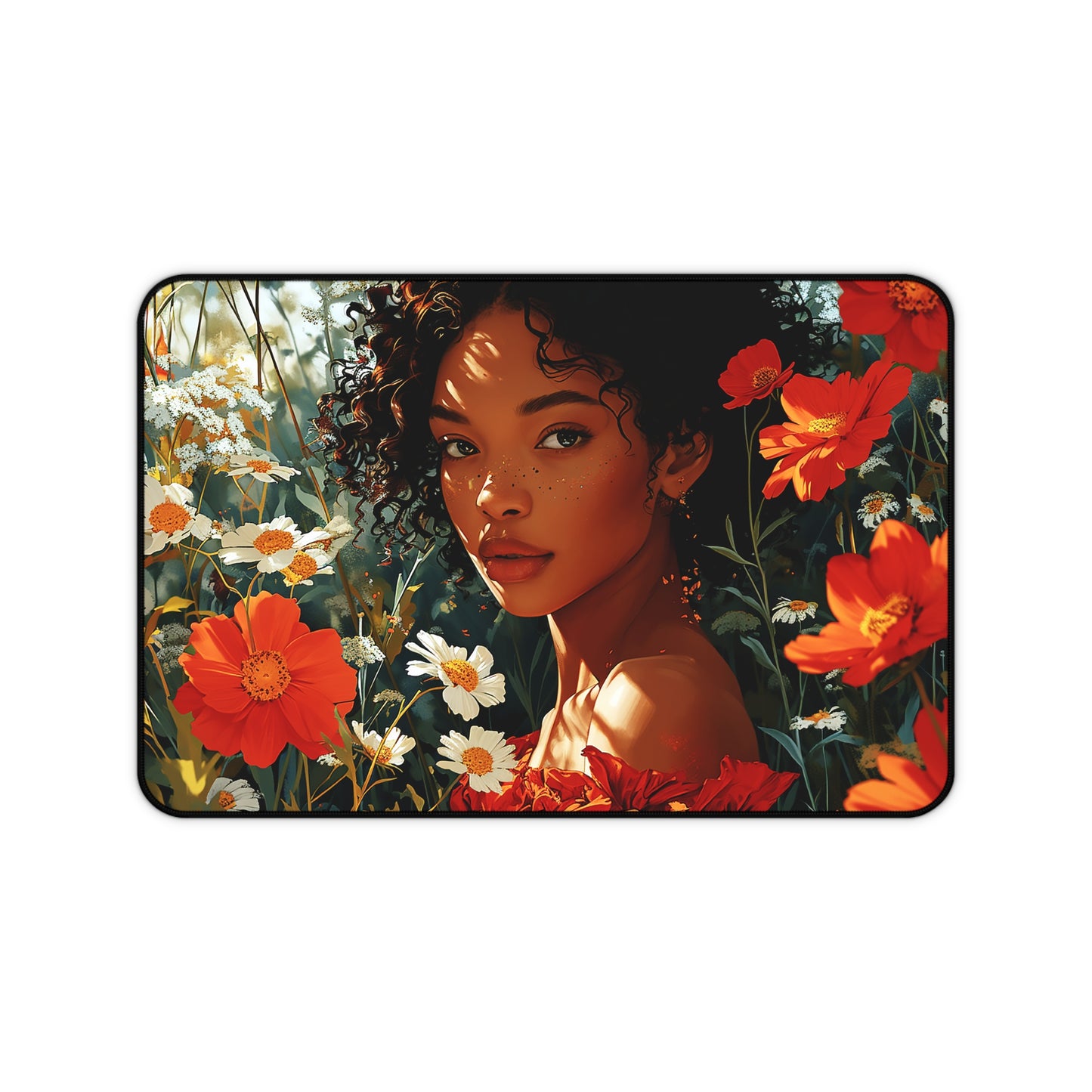 African American Flower Girl Desk Mat, Gaming Mouse Pad, Long Mouse Pad, Gift for Black Woman, Black Girl Mouse Pad