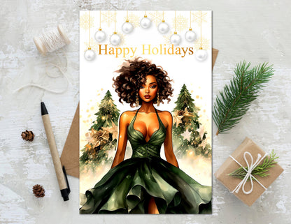 Elegant Black Woman Christmas Card: Melanin Holiday Greeting