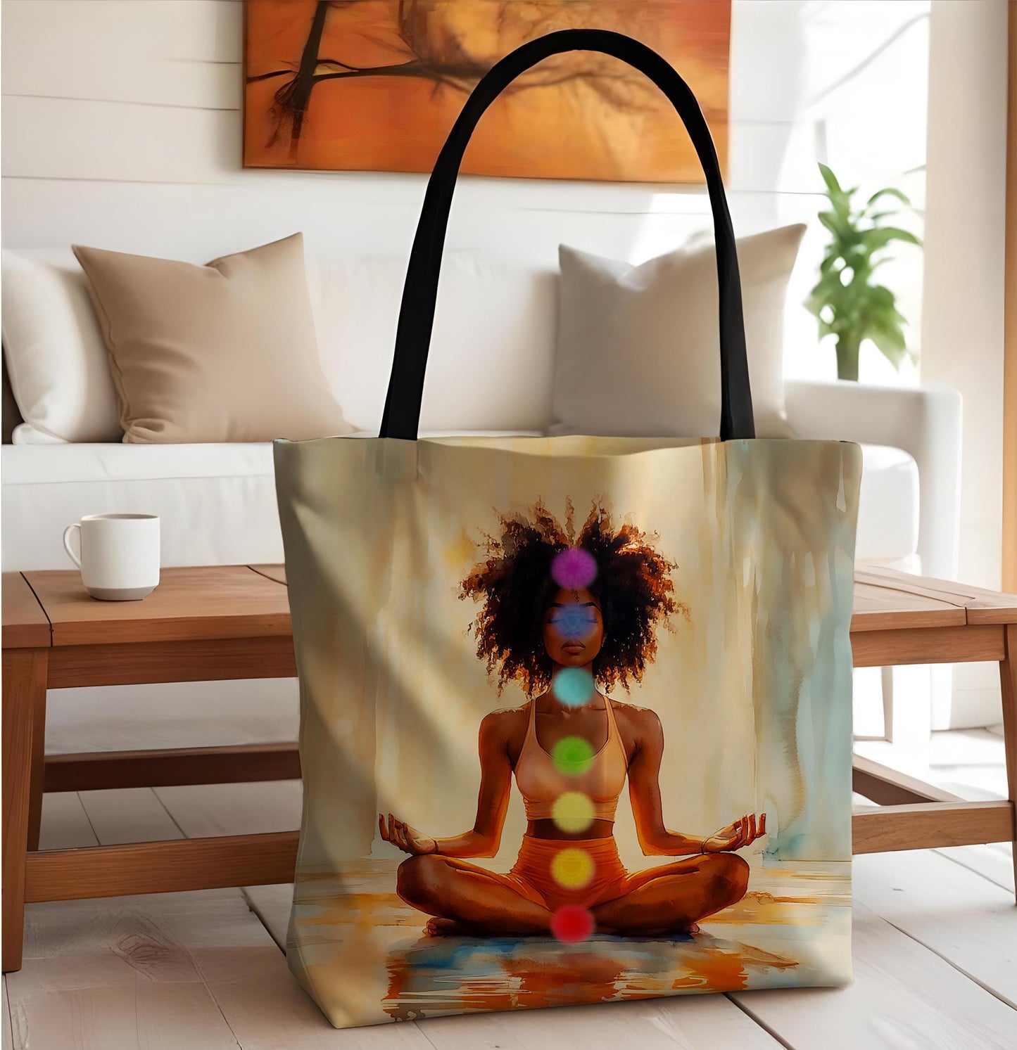 Afrocentric Chakra Tote Bag: African American Woman Yoga Design