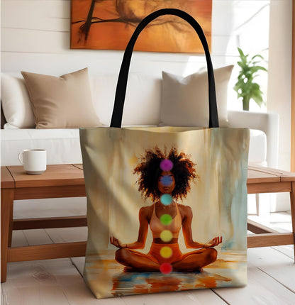 Afrocentric Chakra Tote Bag: African American Woman Yoga Design