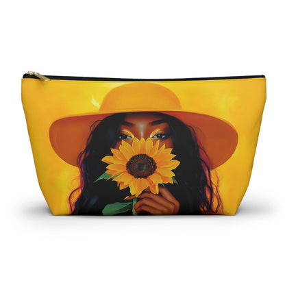 Black Woman Sunflower Accessory Pouch: Natural Hair Cosmetic Bag