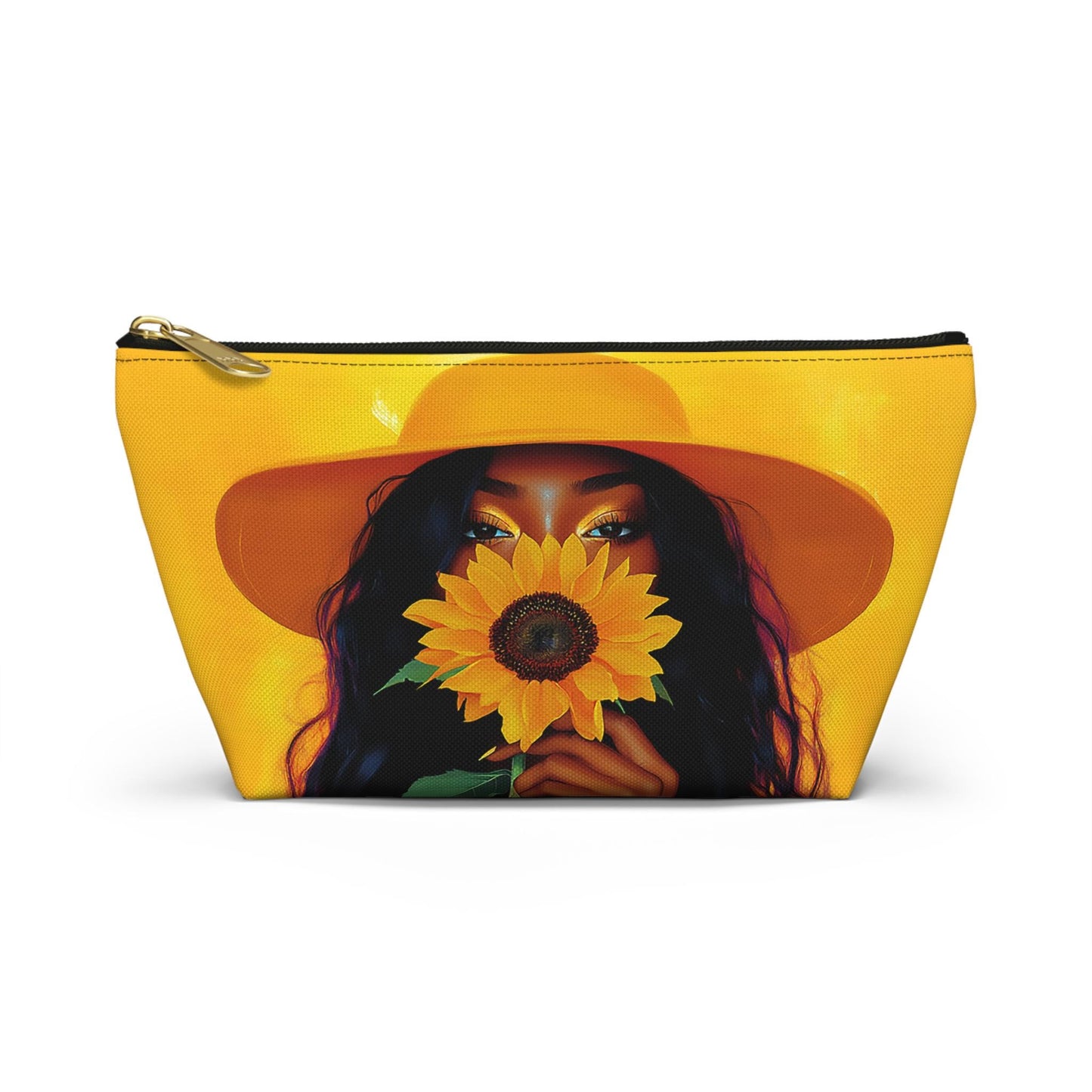 Black Woman Sunflower Accessory Pouch: Natural Hair Cosmetic Bag