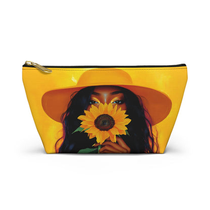 Black Woman Sunflower Accessory Pouch: Natural Hair Cosmetic Bag