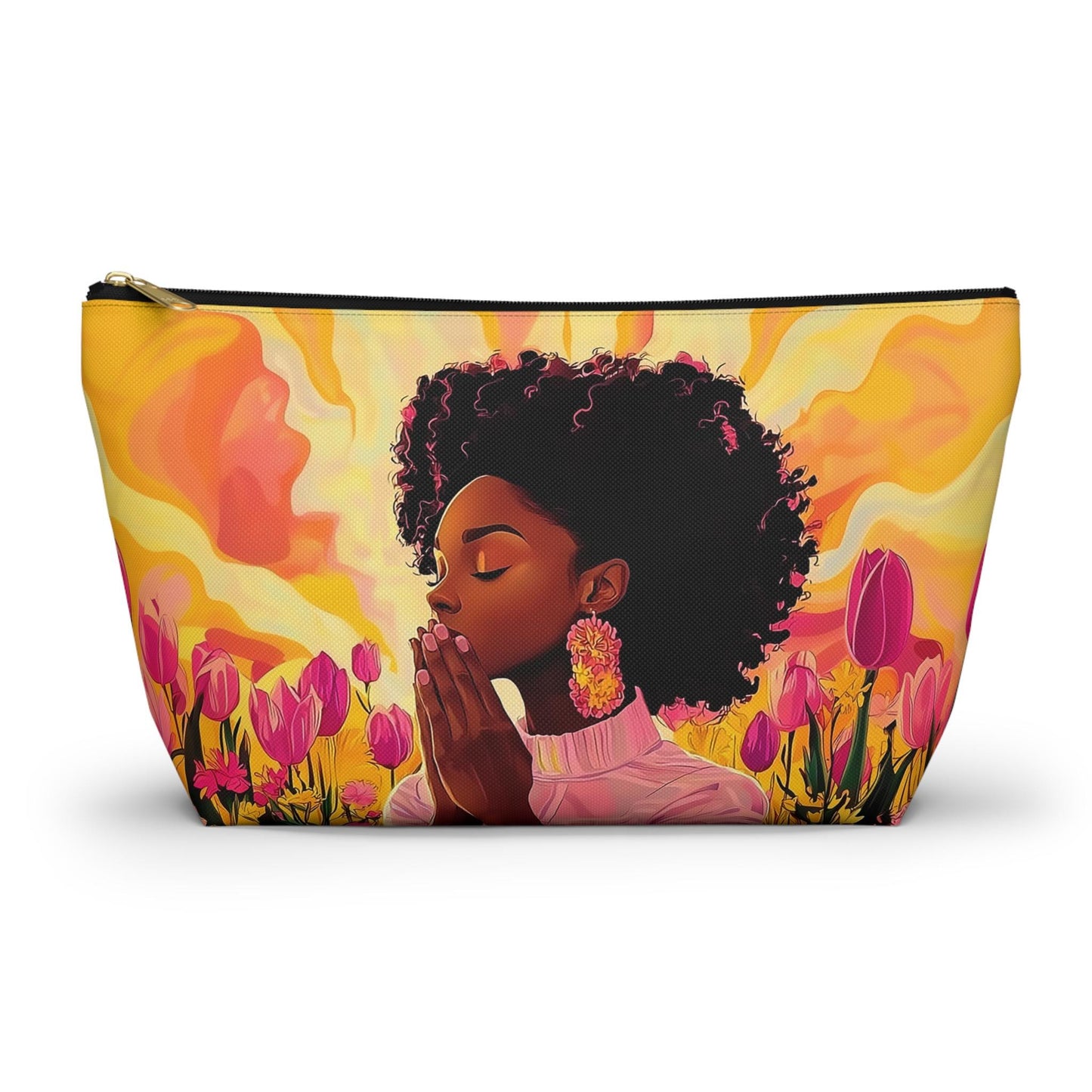 Praying African American Woman Pouch: Pink Flowers Cosmetic Travel Bag