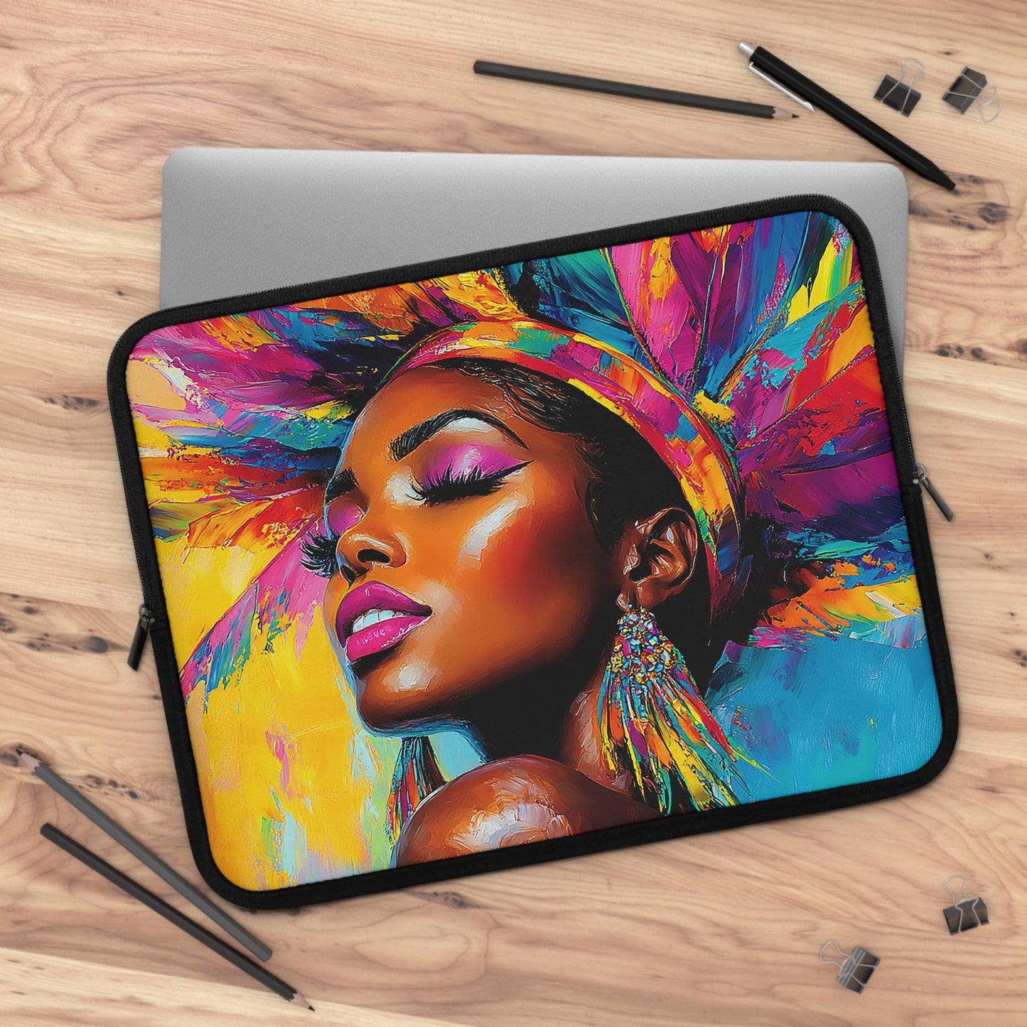 Colorful African American Woman Laptop Sleeve: Indigenous Art Tech Accessory