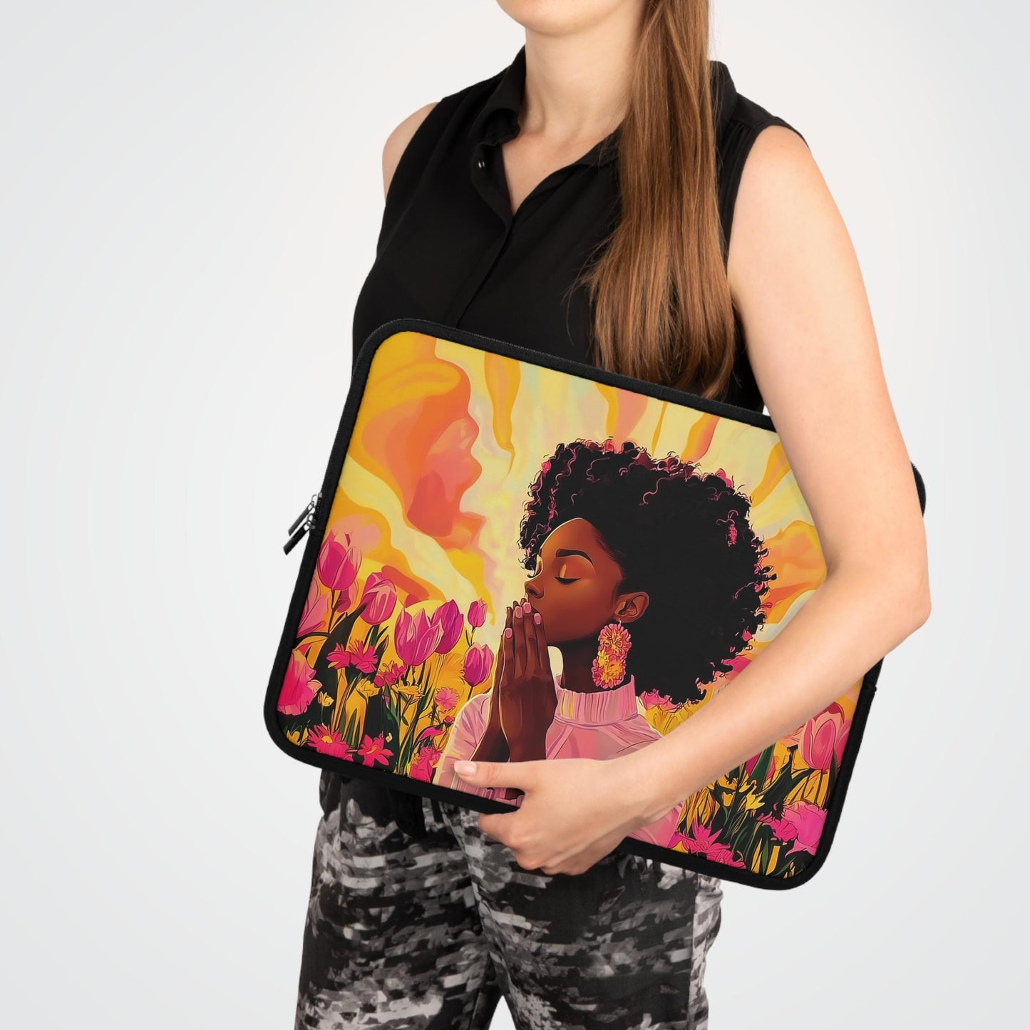Praying African American Woman Laptop Sleeve: Pink Floral Tech Cover