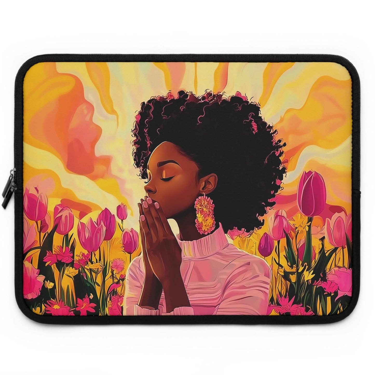 Praying African American Woman Laptop Sleeve: Pink Floral Tech Cover