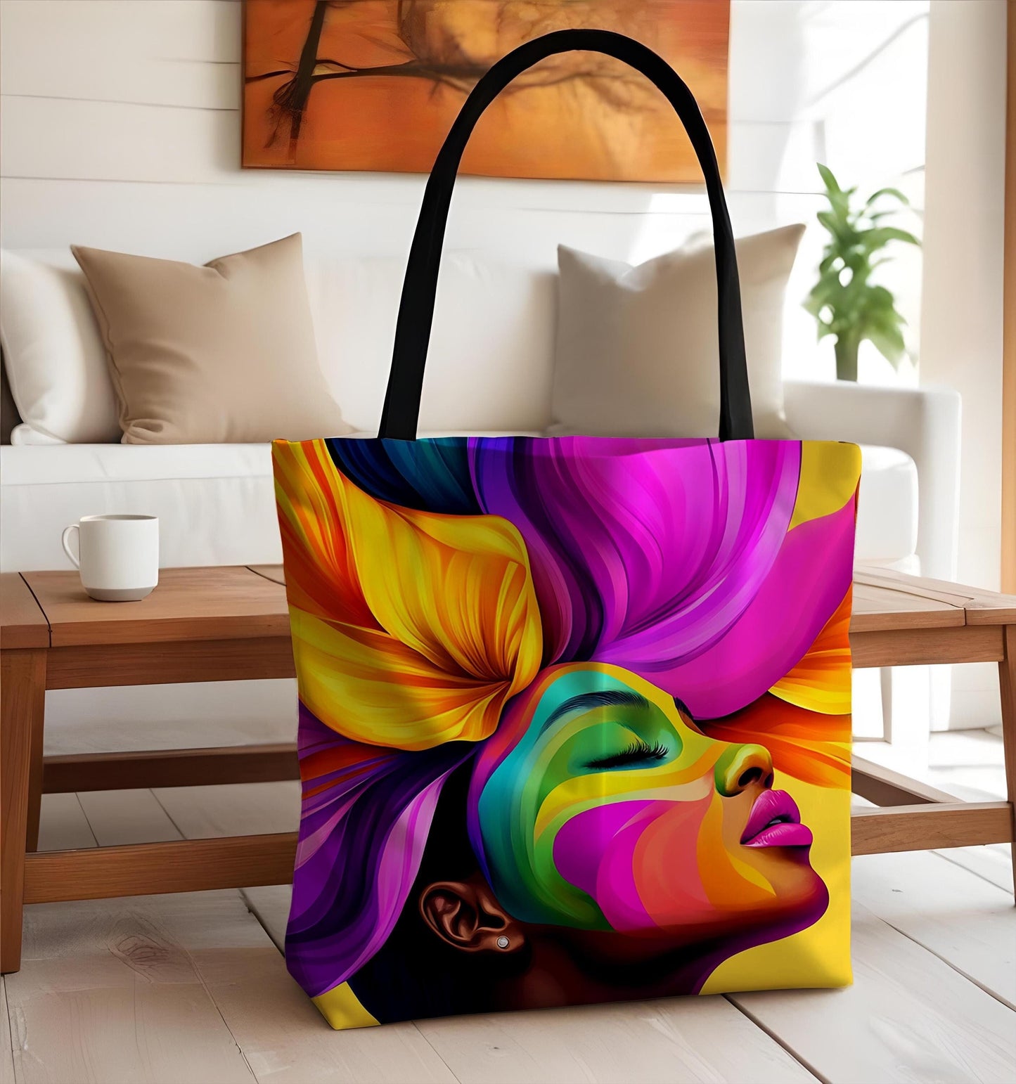 Black Girl Colorful Floral Hair Tote Bag: Afrocentric Design