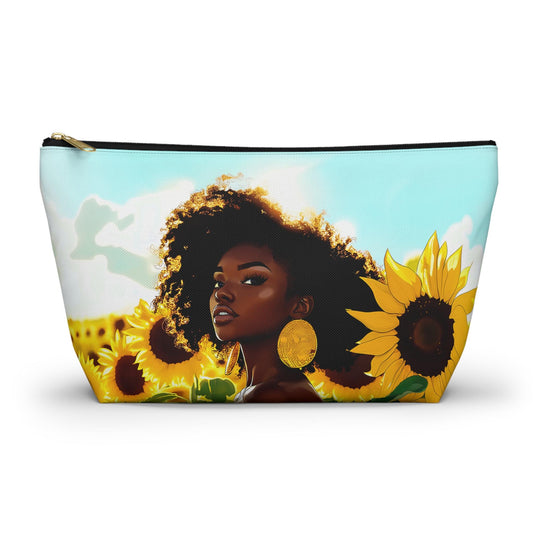 Black Woman Sunflower Accessory Pouch: Natural Hair Cosmetic Bag