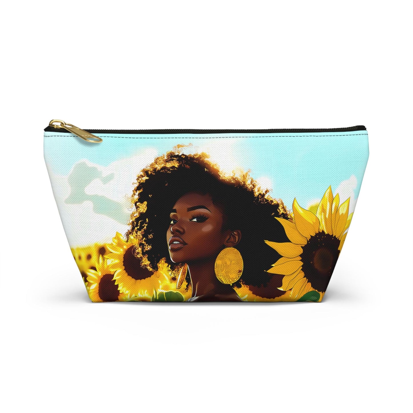 Black Woman Sunflower Accessory Pouch: Natural Hair Cosmetic Bag