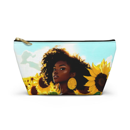 Black Woman Sunflower Accessory Pouch: Natural Hair Cosmetic Bag