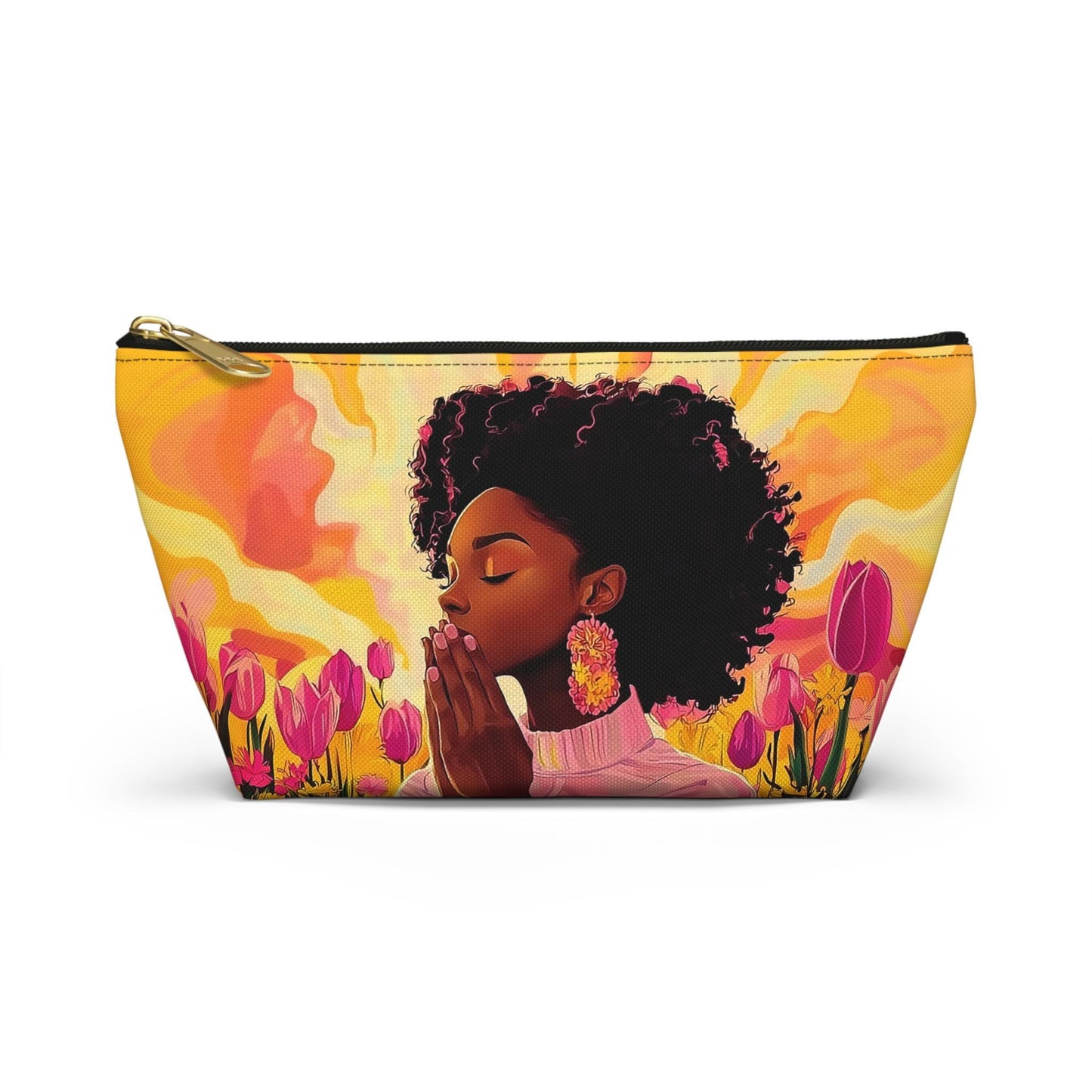 Praying African American Woman Pouch: Pink Flowers Cosmetic Travel Bag