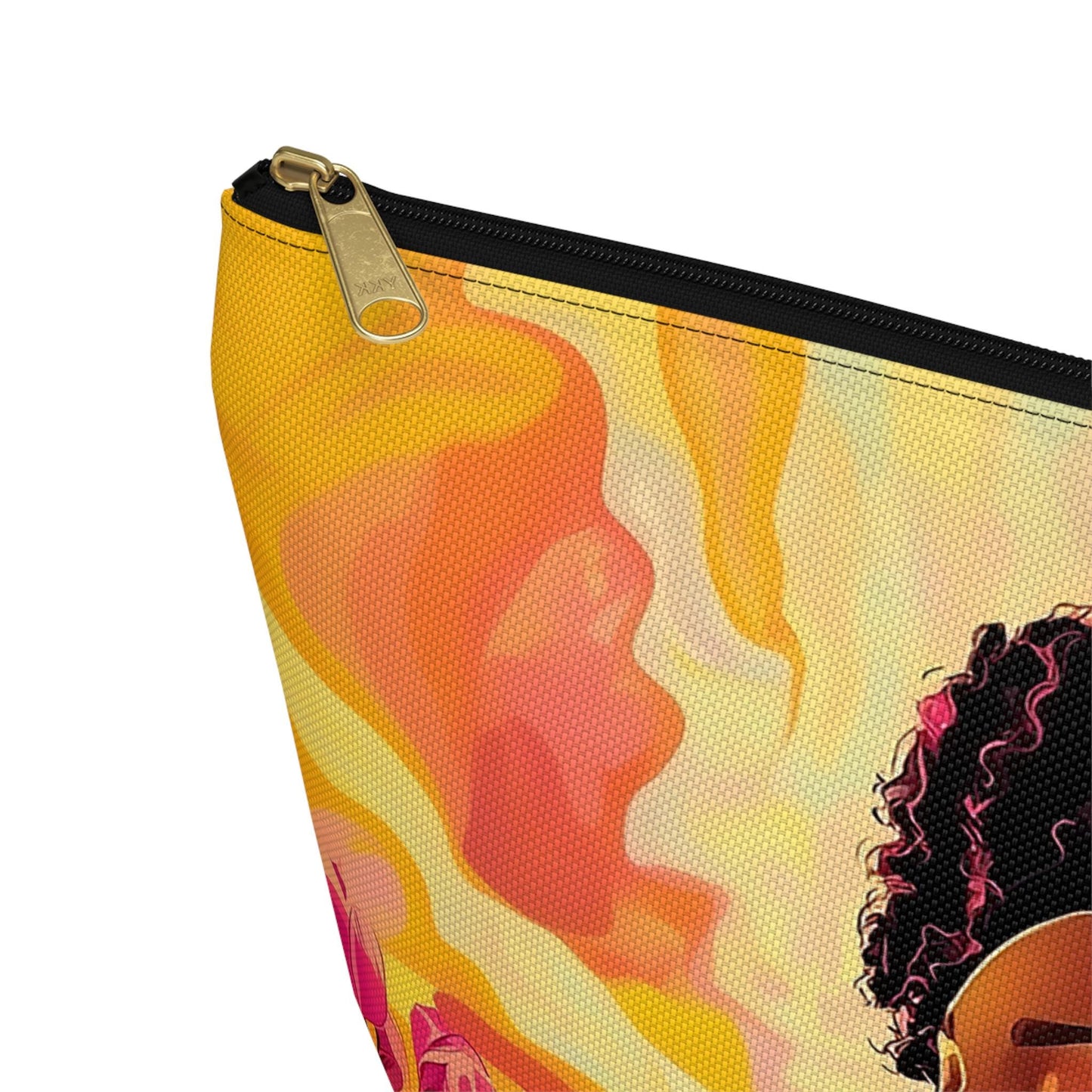 Praying African American Woman Pouch: Pink Flowers Cosmetic Travel Bag