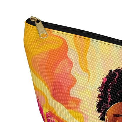 Praying African American Woman Pouch: Pink Flowers Cosmetic Travel Bag