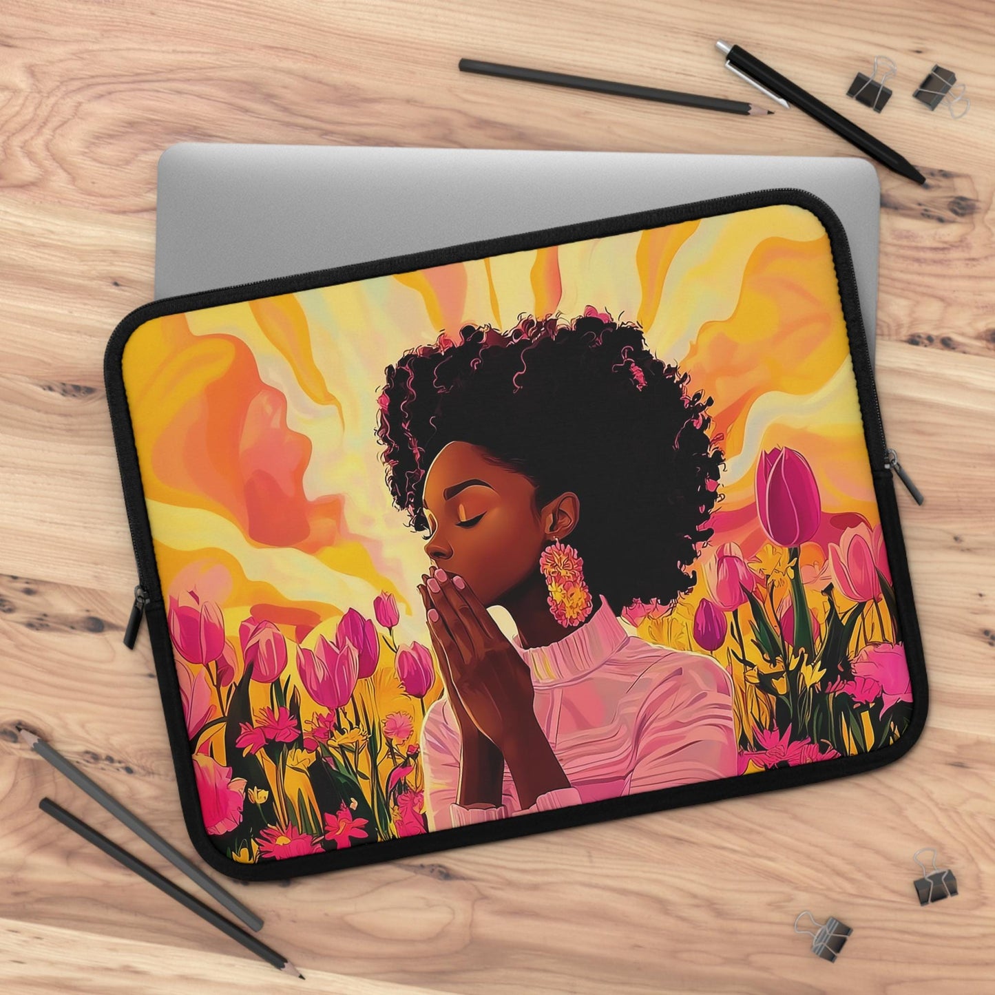Praying African American Woman Laptop Sleeve: Pink Floral Tech Cover
