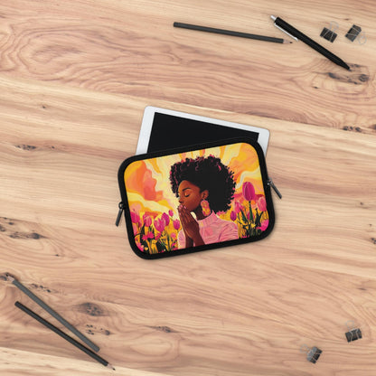 Praying African American Woman Laptop Sleeve: Pink Floral Tech Cover