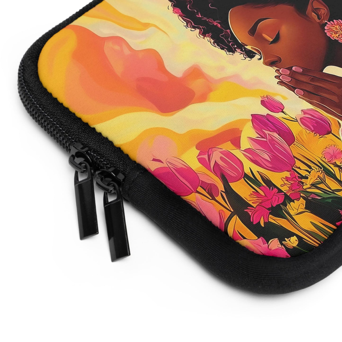 Praying African American Woman Laptop Sleeve: Pink Floral Tech Cover