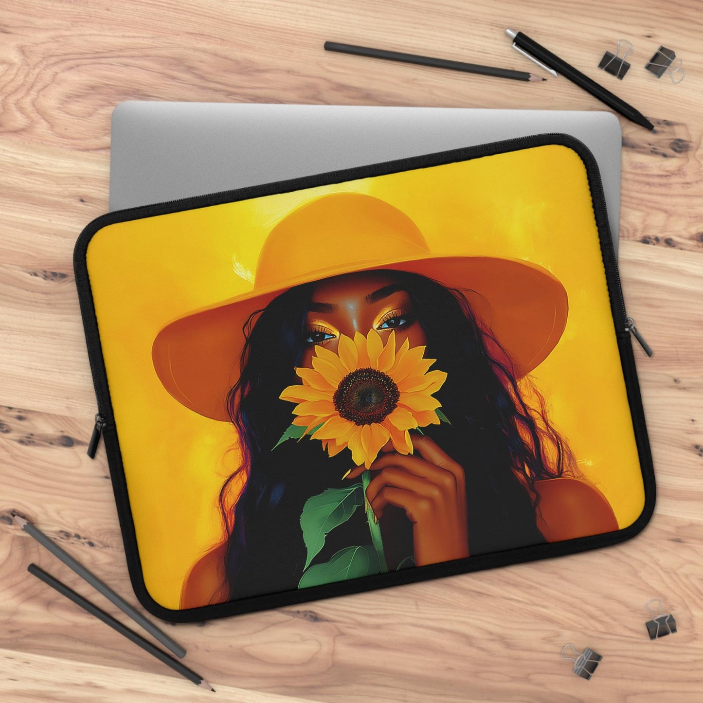 Black Woman Sunflower Laptop Sleeve: African American Tech Accessory
