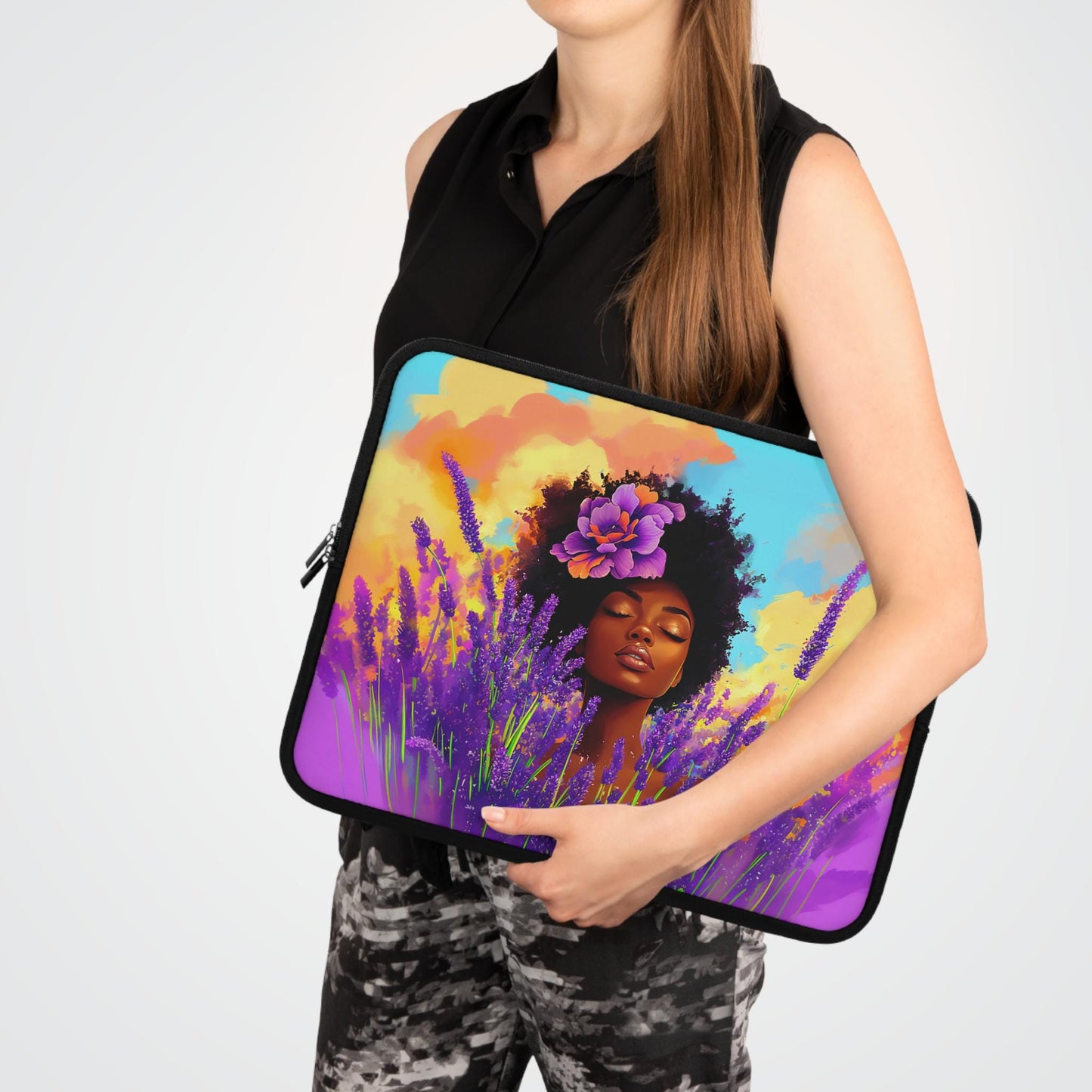 Lavender Flowers African American Laptop Sleeve: Protective Computer Bag