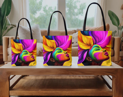Black Girl Colorful Floral Hair Tote Bag: Afrocentric Design