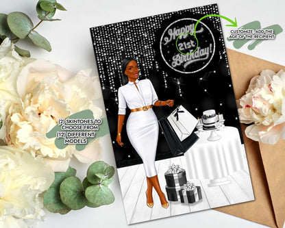 Personalized Black Birthday Card: African American Woman, Add Age
