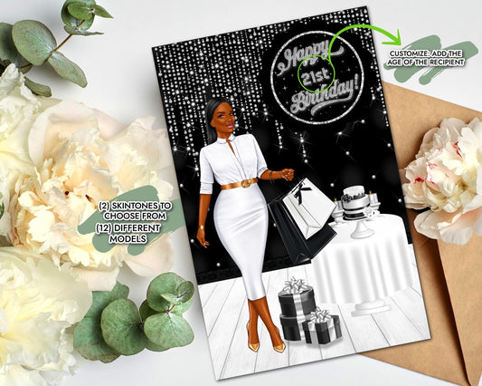 Personalized Black Birthday Card: African American Woman, Add Age