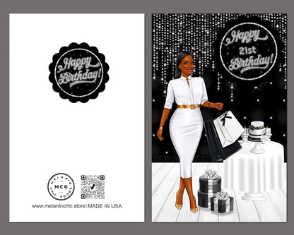 Personalized Black Birthday Card: African American Woman, Add Age