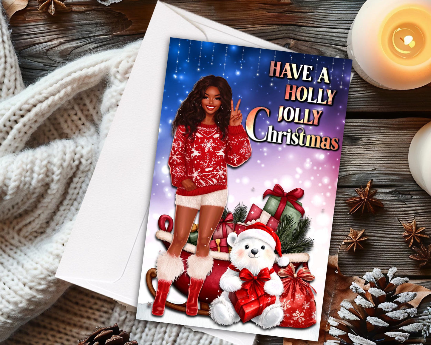 Melanin Christmas Greeting Card: Black Woman Holiday Celebration