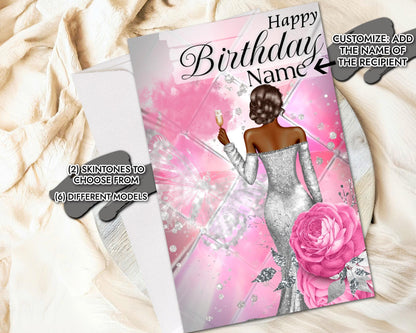 Personalized Black Birthday Card: African American Woman, Customize Name