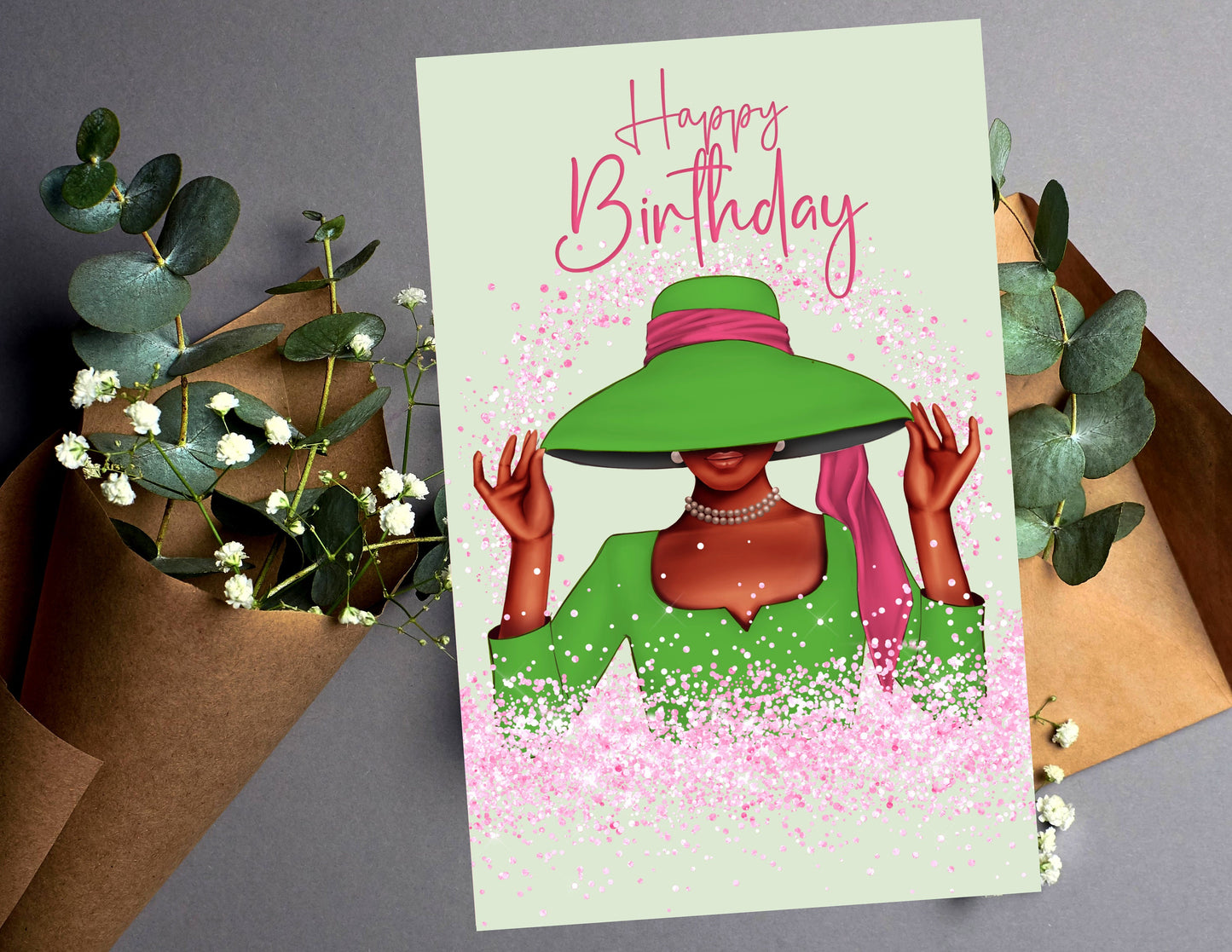 Pink and Green Sorority, 1908, Happy Birthday, Black Greeting Cards