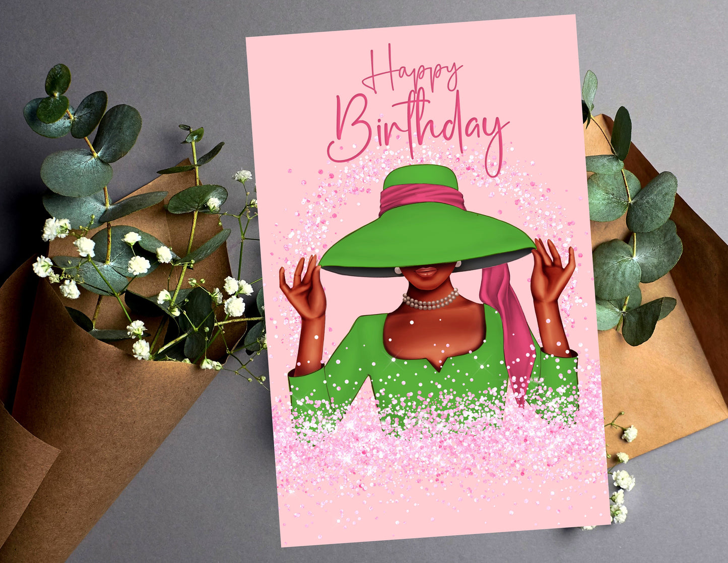 Pink and Green Sorority, 1908, Happy Birthday, Black Greeting Cards